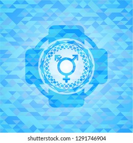 transgender icon inside realistic light blue mosaic emblem