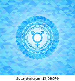 transgender icon inside realistic light blue emblem. Mosaic background