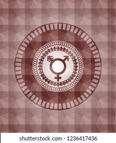 transgender icon inside red emblem or badge with abstract geometric pattern background. Seamless.