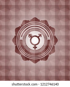 transgender icon inside red seamless emblem or badge with abstract geometric pattern background.