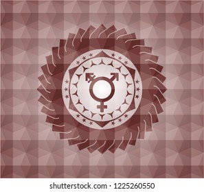 transgender icon inside red seamless emblem with geometric pattern.