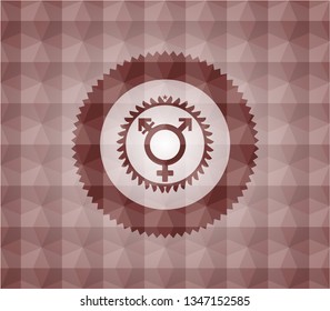 transgender icon inside red seamless emblem with geometric pattern.