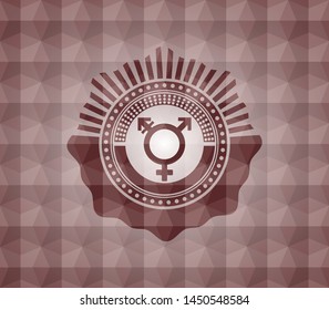 transgender icon inside red seamless emblem or badge with abstract geometric pattern background.