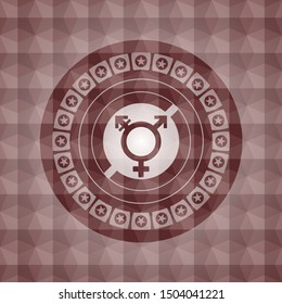 transgender icon inside red seamless emblem with geometric background.