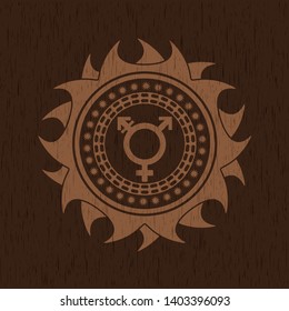 transgender icon inside retro style wooden emblem