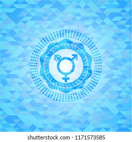 transgender icon inside sky blue emblem with mosaic background