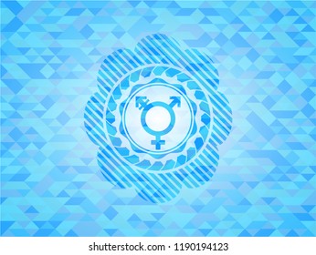 transgender icon inside sky blue emblem with triangle mosaic background