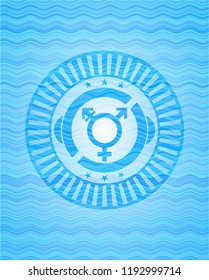 transgender icon inside sky blue water wave emblem.