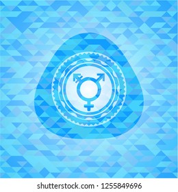 transgender icon inside sky blue emblem with mosaic background