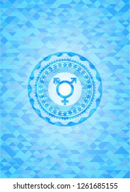 transgender icon inside sky blue emblem with mosaic ecological style background
