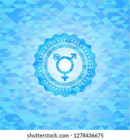 transgender icon inside sky blue emblem with mosaic background