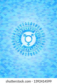 transgender icon inside sky blue emblem with mosaic ecological style background