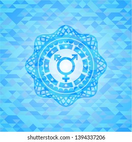 transgender icon inside sky blue emblem with mosaic background