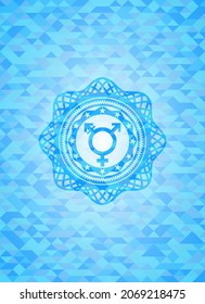 icono transgénero dentro del emblema azul cielo con fondo de mosaico. 