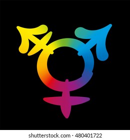 Transgender icon - rainbow gradient colored symbol, pleasant rounded typeface on black background.