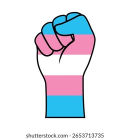 Mão transexual LGBTQ de cor levantou a ilustração do vetor do punho. Mão trans com o ícone de punho cerrado isolado em um fundo branco. Símbolo do Mês do Orgulho LGBTQIA. Elemento de primeira mão da bandeira do orgulho