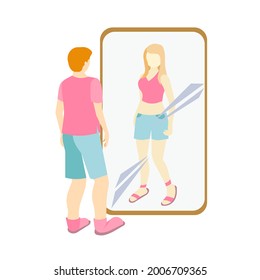 Transgender looking in the mirror in Flat design style, a man sees himself as a woman on white isolated background for prints, postcards, booklets, backdrops, elements of decor for websites, apps.