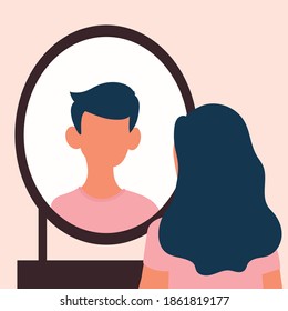 Transgender man looks in the mirror. Transgender person. Flat vector image