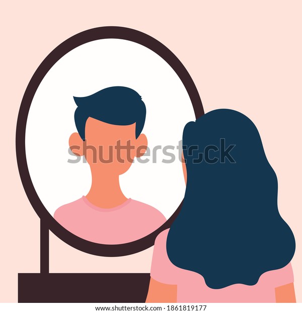Transgender man looks in the mirror. Transgender\
person. Flat vector\
image