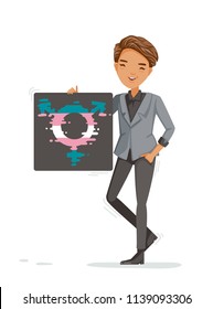 Transgender man pretty and handsome. In black outfit with hairstyle. Interesting fashion. Standing image showing a piece of paper with a transgender symbol drawn in it. Lifestyle transgender concept.