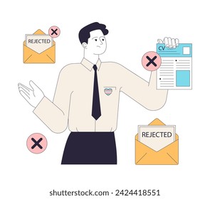Transgender man searching for a job. Transphobia in employment. Upset candidate encounters job application rejections. Flat vector illustration.
