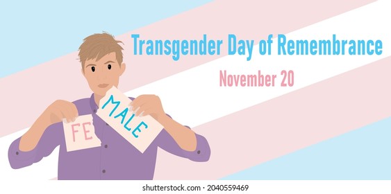 Transgender Man Tearing The Word Female Into Male In Gender Identity. Transgender Day Of Remembrance