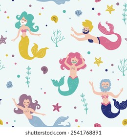 Transgender Mermaid seamless pattern. Background with colorful ocean elements.