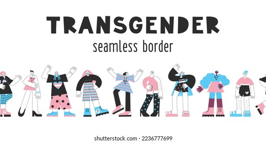 Transgender mtf and ftm people seamless border. Trans awareness and visibility. Diversity, equality, inclusion for genderqueer and crossddressers. LGBT pride month vector flat illustration set.