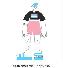 Transgender Mtf Or Ftm Person With Trans Symbols And Colors. Genderqueer And Crossdressers Rights Concept. LGBTQ+ Equality Vector Flat Isolated Illustration. Social Transition.