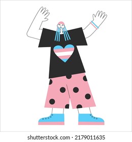 Transgender Mtf Or Ftm Person With Trans Symbols And Colors. Genderqueer And Crossdressers Rights Concept. LGBTQ+ Equality Vector Flat Isolated Illustration. Social Transition.