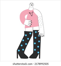 Transgender Mtf Person With Trans Symbols And Colors. Genderqueer And Crossdressers Rights Concept. LGBTQ+ Equality Vector Flat Isolated Illustration. Social Transition.