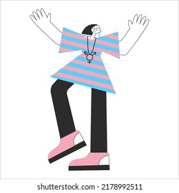 Transgender Mtf Person With Trans Symbols And Colors. Genderqueer And Crossdressers Rights Concept. LGBTQ+ Equality Vector Flat Isolated Illustration. Social Transition.