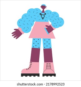 Transgender Mtf Person With Trans Symbols And Colors. Genderqueer And Crossdressers Rights Concept. LGBTQ+ Equality Vector Flat Isolated Illustration. Social Transition.