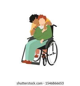 Transgender non-binary dark-skinned black-haired curly person warmly hugging a disabled red-haired fair-skinned partner sitting in wheelchair. Vector cartoon illustration isolated on white background