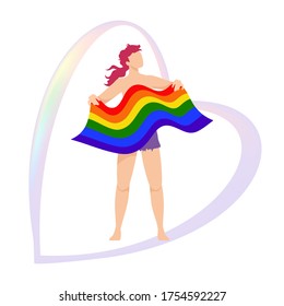 Transgender non-binary neutral gender curly person, red head proudly raised, long hair, ripped shorts, holding a waving LGBTQA+ flag (rainbow, pride flag), a big pale rainbow heart silhouette behind