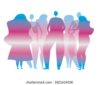 Transgender or transgender people in the color of the transgender flag isolated on white background as a crowd or protest. Flat vector stock illustration as lgbtq tolerance concept