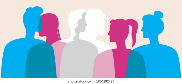 Transgender people in the colors of the transgender flag. Silhouette vector stock illustration. Transgender as a LGBTQ Community. No sex. People's faces in profile. Isolated illustration