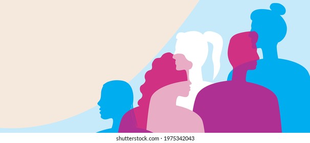 Transgender people, copy space backdrop. Silhouette vector stock illustration. Template with place for text. Adults, LGBTQ community. Transgender flag colors. Silhouette illustration