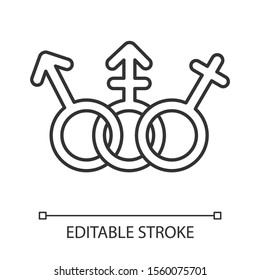 Transgender people equality linear icon. Female, male rights. Trans tolerance. Gender signs. Transsexual pride. Thin line illustration. Contour symbol. Vector isolated outline drawing. Editable stroke