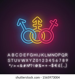 Transgender people equality neon light icon. Female, male rights. Trans tolerance. Gender signs. Transsexual, intersex. Glowing sign with alphabet, numbers and symbols. Vector isolated illustration