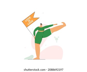 Transgender person with flag in his hands stands in yoga pose and shows the complexity of gender stereotypes. Vector flat illustration.