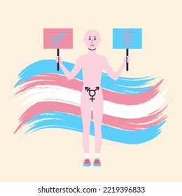 Transgender person holding posters with male and female symbols. Waving transgender flag. Gender identity, gender choice, gender transition, gender self-determination concept. 