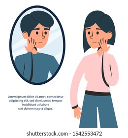 Transgender person looking in the mirror vector isolated. Female feel like male gender character.