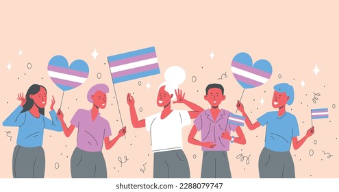 Transgender persons pride with flags. Transgender persons pride with flags. People supporting transgender persons rights. Transgender people communicate, vector illustration