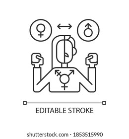 Transgender pixel perfect linear icon. Bisexual mind. Gender choosing. Non binary individual. Thin line customizable illustration. Contour symbol. Vector isolated outline drawing. Editable stroke