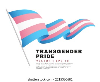 La bandera del orgullo transgénero está colgada en un asta de bandera y ondeando en el viento. Un colorido logo de una de las banderas LGBT. Identificación sexual. Ilustración vectorial en un fondo blanco.