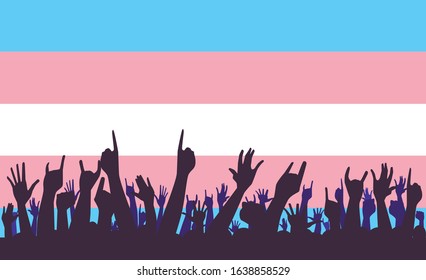 The transgender pride flag in pastel blue pink and white as a background with cartoon waving hands in silhouette