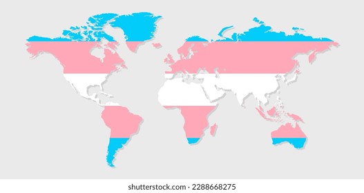 Transgender pride flag in a shape of World map. Flag of gay, transgender, bisexual, lesbian etc. Pride concept