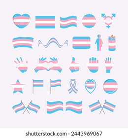 Transgender pride flag and symbols many icon set vector. Transgender pride flag graphic design element isolated on a light pink background. Transgender icons in flat style