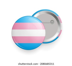 Transgender pride round glossy metallic 3d badge mockup. Lgbt flag, official symbol of trans community. Front and back side of pin button realistic vector illustration